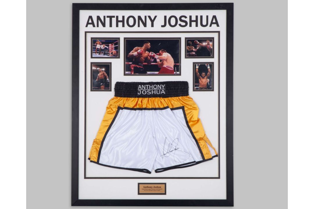 Anthony Joshua autographed white, black and gold boxing shorts display - Image 1 of 4