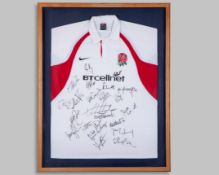 Danny Grewcock white and red England autographed rugby shirt, 2001-02,