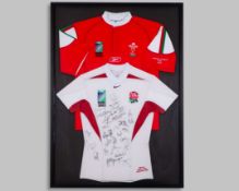 Mike Catt white England v. Wales Rugby World Cup quarter-final autographed shirt, 2003