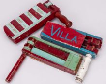 Three vintage Aston Villa claret and blue football rattles