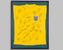 Yellow England goalkeeper shirt with thirty autographs of English keepers