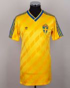 Sweden - Jan Eriksson yellow and blue No.2 Sweden match issued World Cup shirt, 1990