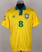 Brazil - yellow and green No.8 Brazil match issued short-sleeved shirt, 1992-93