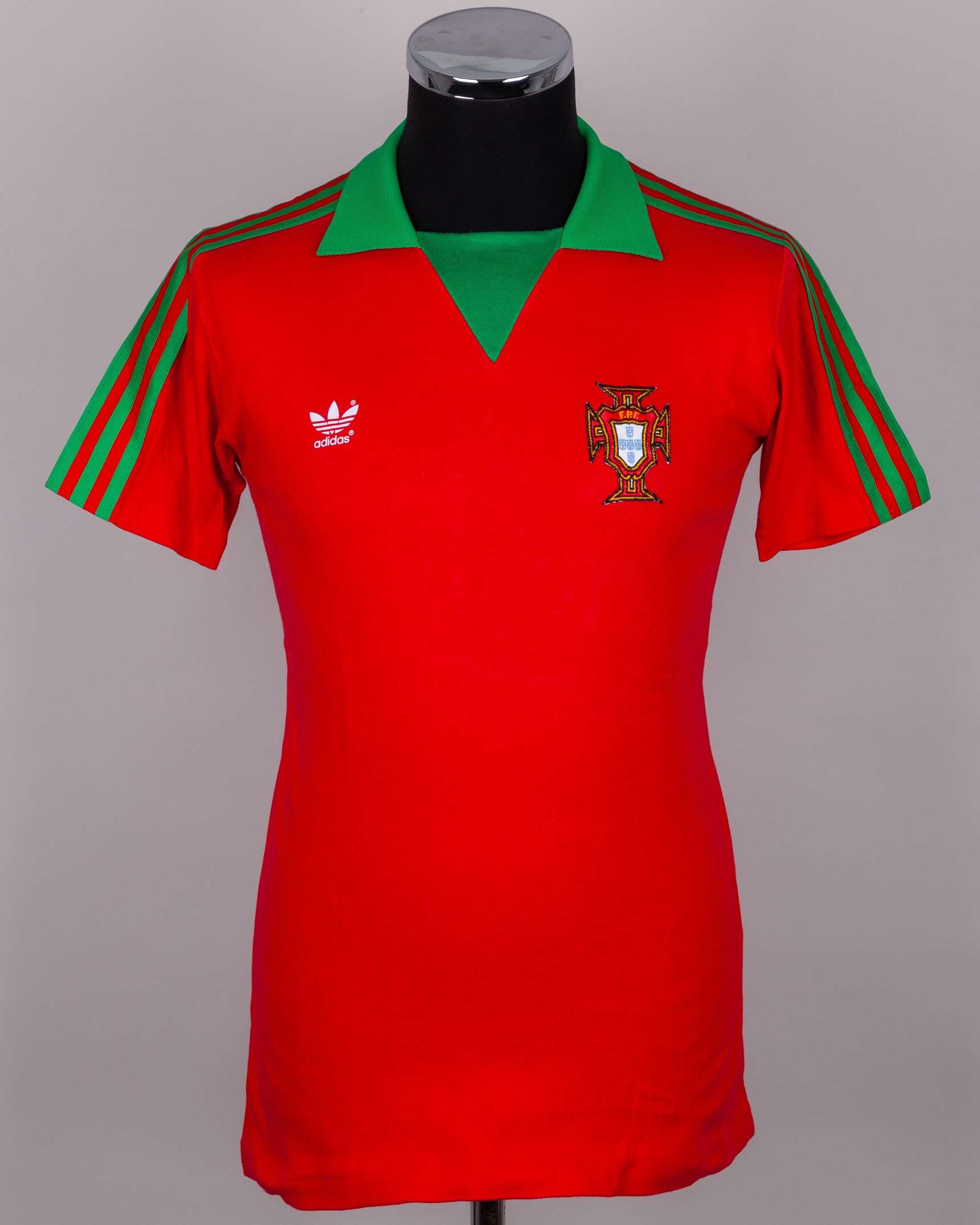 Portugal - rare red and green No.5 Portugal v. USSR match worn short-sleeved shirt, 1983