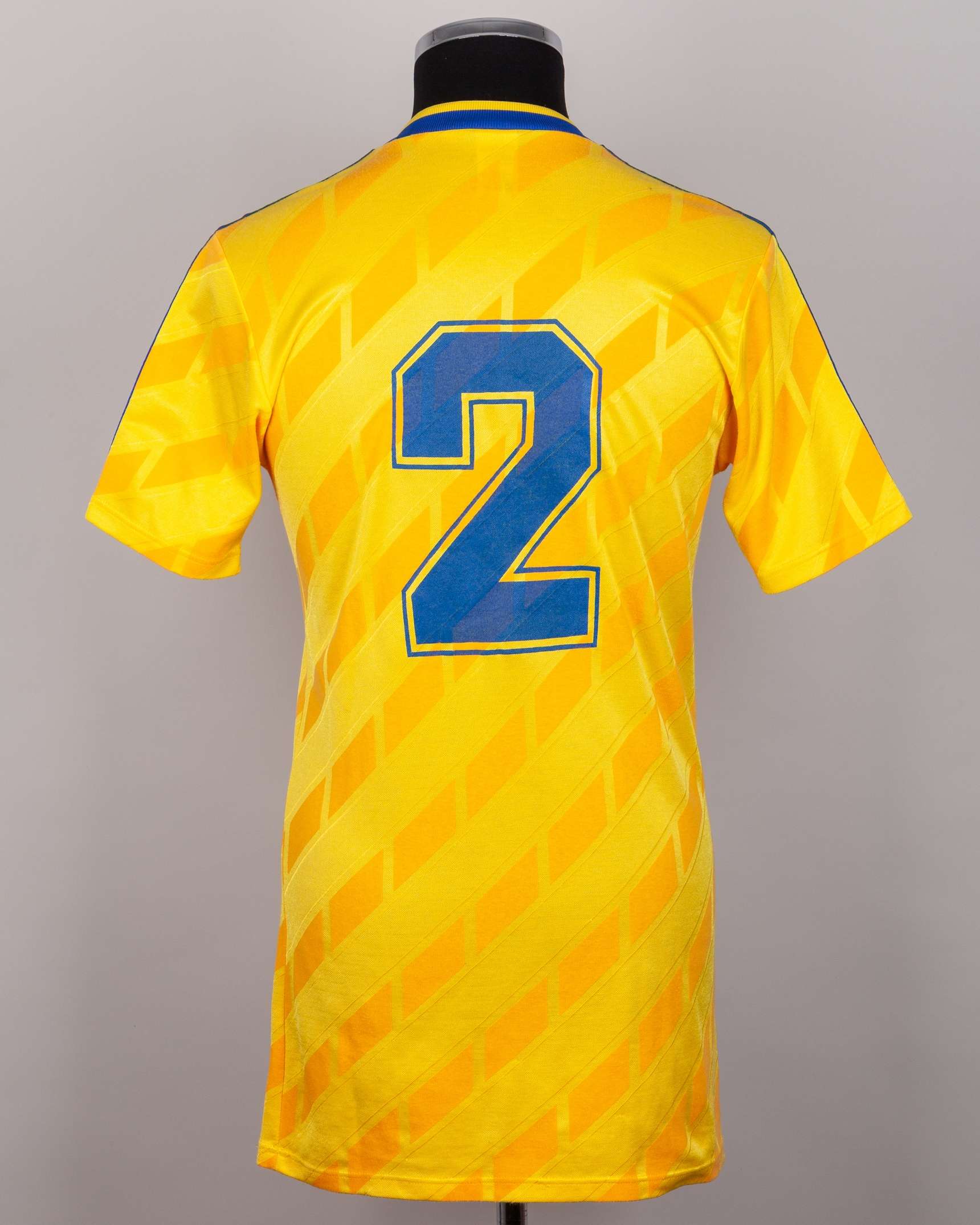 Sweden - Jan Eriksson yellow and blue No.2 Sweden match issued World Cup shirt, 1990 - Image 2 of 4