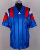 France - blue, red and white No.2 France match issued short-sleeved shirt, 1992-93