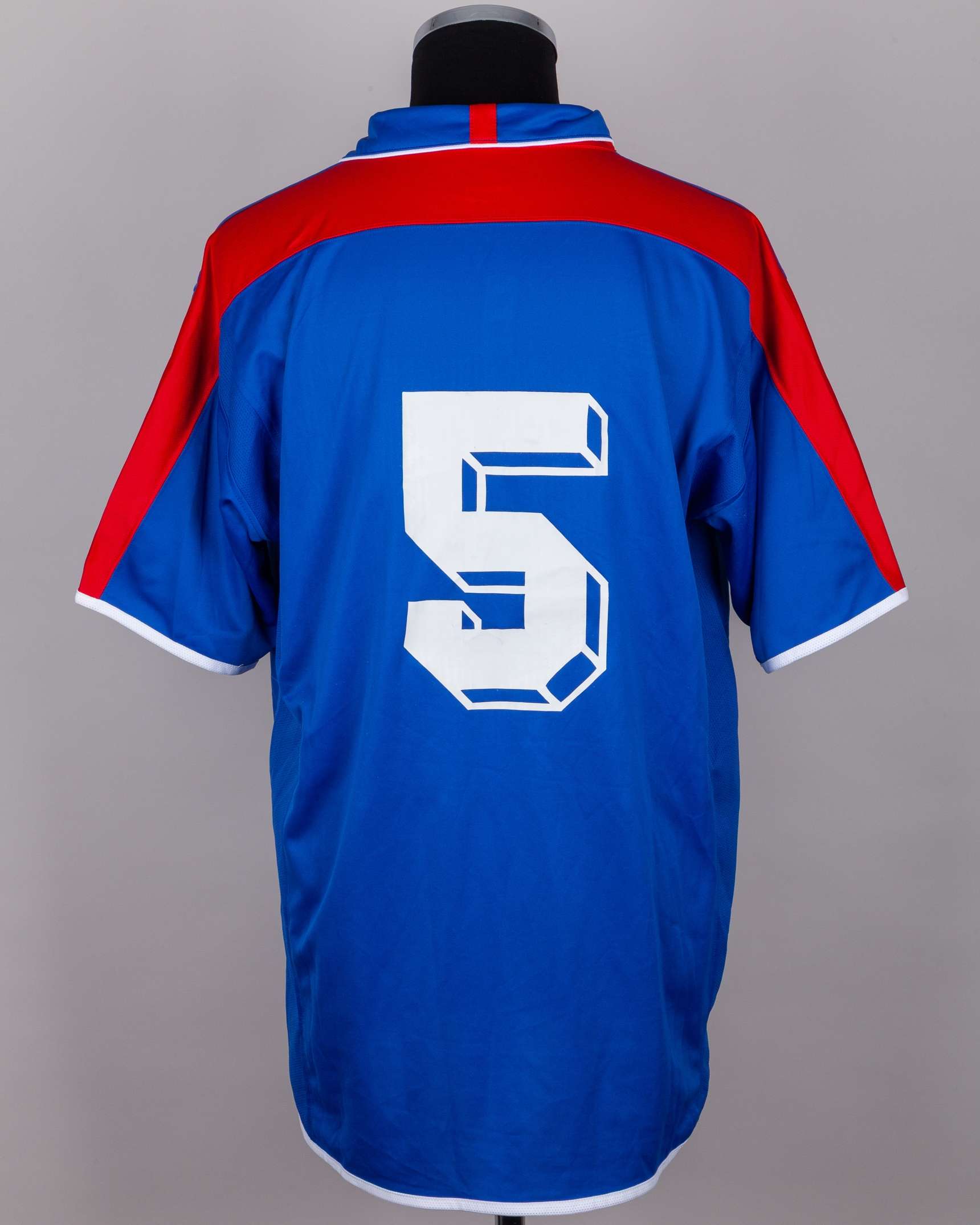 Haiti - blue and red No.5 Haiti v. Brazil match match worn short-sleeved shirt, 2004 - Image 2 of 6
