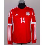 Egypt - Hossam Ghaly red and white No.14 Egypt v. Bosnia match issued shirt, 2014