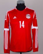 Egypt - Hossam Ghaly red and white No.14 Egypt v. Bosnia match issued shirt, 2014