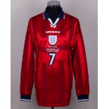 David Beckham red white No.7 England 1998 World Cup match issued long-sleeved shirt, 1998