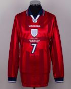 David Beckham red white No.7 England 1998 World Cup match issued long-sleeved shirt, 1998