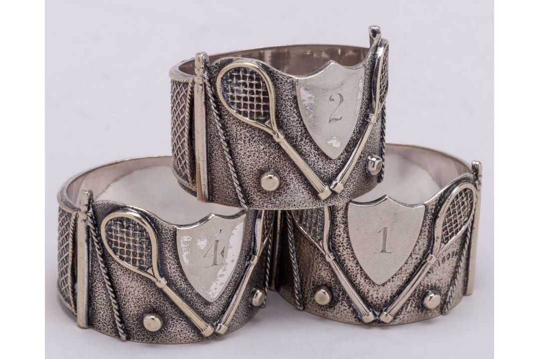 Three white-metal tennis napkin rings, each decorated with two rackets, two balls - Image 4 of 7