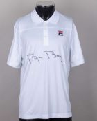A white Fila tennis shirt autographed by Bjorn Borg, UK XL, with button-up collar