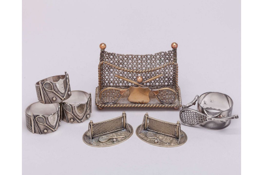 Three white-metal tennis napkin rings, each decorated with two rackets, two balls - Image 1 of 7