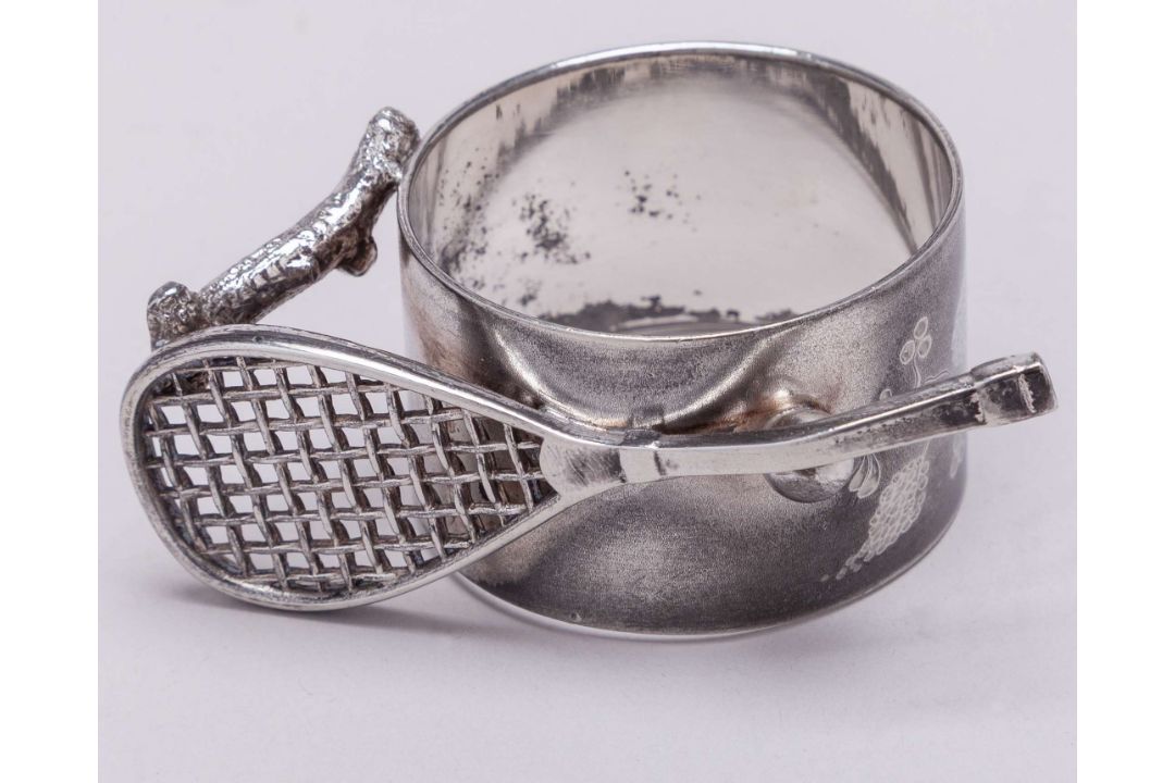 Three white-metal tennis napkin rings, each decorated with two rackets, two balls - Image 3 of 7