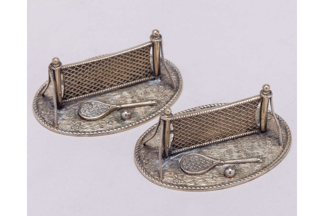 Three white-metal tennis napkin rings, each decorated with two rackets, two balls - Image 2 of 7