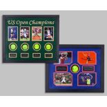 An autographed US Open four tennis ball display