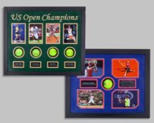 An autographed US Open four tennis ball display