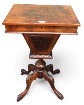 A Victorian burr maple veneered sewing/work table, rectangular top concealing later writing skiver