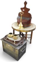 A mixed lot to include Moorish style brass topped folding table, mahogany sewing box, brass door