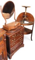 A mixed lot to include a small mahogany two over three chest of drawers, bowfront two tier wash
