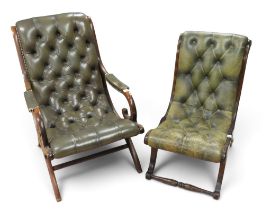 A lot comprising a 20th century forest green leather button upholstered Chesterfield style library