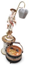A lot comprising a 20th century figural table lamp of an Asian man carrying wicker lantern,