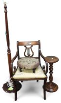A mixed lot to include lyre backed regency style armchair, mahogany standard lamp, turned