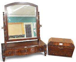 A lot comprising a 19th century mahogany and fruitwood veneered sarcophagus form jewellery box and a