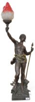 A 20th century spelter figural table lamp modelled after Louis-Auguste Moreau 1855-1919 "Vici", 99cm