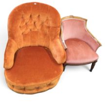 A lot comprising late 19th century button upholstered armchair on turned supports and a later pink