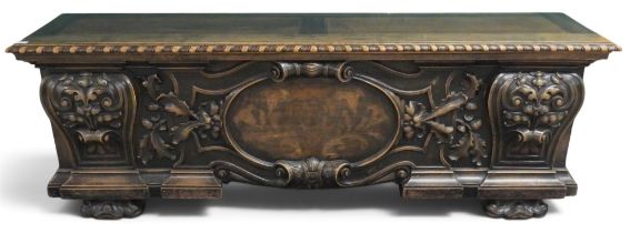 A large 20th century continental style kist with rectangular hinged top with gadrooned edge over