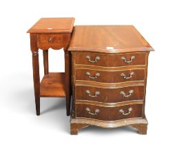 A lot comprising a 20th century mahogany veneered serpentine front chest of four drawers on