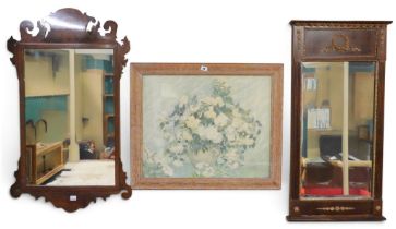 A lot comprising a Georgian style walnut fret cut framed wall mirror, 79cm high x 47cm wide, a