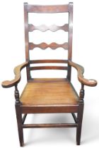 An early 20th century stained beech ladder backed armchair with scrolled armrests flanking plain