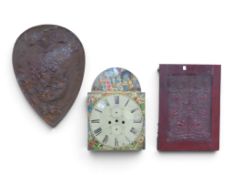 A mixed lot to include cast iron decorative shield wall plaque decorated with knight on horseback,