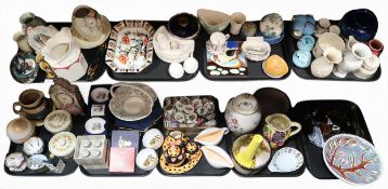 A collection of decorative ceramics including vases, jugs, a clock, Longwy plaque, Swedish dish