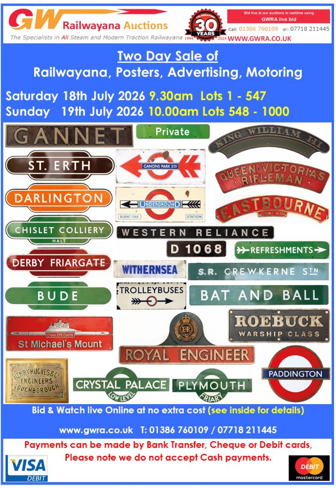 Railwayana, Posters, Paintings and Advertising Signs - G.W. Railwayana Auctions