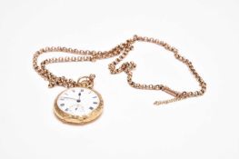 A lady's 18ct gold open face fob watch with 9ct gold chain