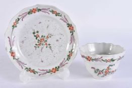 AN EXTREMELY RARE 18TH CENTURY PLYMOUTH OGEE FORM TEABOWL AND SAUCER unusually polychromed painted