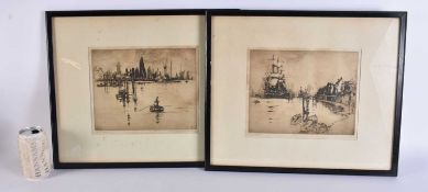 Frank Henry Mason (1875-1965) Pair, Etchings, Harbour scenes. 45 cm x 38 cm, each engraving 25.5