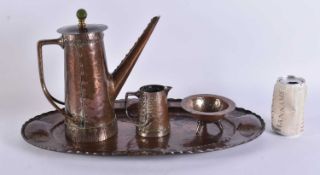 A LOVELY ARTS AND CRAFTS RIVETTED COPPER COFFEE SET ON TRAY. Largest 47 cm wide. (4)