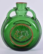 AN UNUSUAL TWIN HANDLED GREEN AND ENAMELLED GLASS DECANTER. 18 cm x 13 cm.
