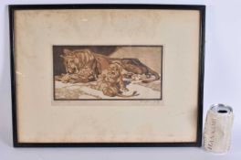European School (Early 20th Century) Watercolour, Lions, pencil signed. 48 cm x 38 cm, image 27 cm x