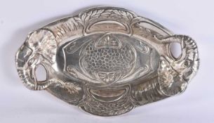 AN ART DECO TWIN HANDLED ELEPHANT AND LEAF DISH in the manner of WMF. 34 cm x 20 cm.