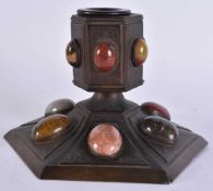 A LOVELY 19TH CENTURY AGATE AND STONE INSET INKWELL engraved with foliage. 18 cm x 15 cm.