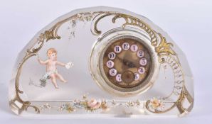 AN UNUSUAL EARLY 20TH CENTURY FRENCH ENAMELLED GLASS CLOCK painted with a putti upon a swing. 13.5