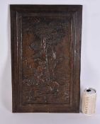 A LARGE ANTIQUE CARVED WOOD PANEL formed with a classical Greek scene. 48 cm x 28 cm.