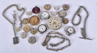 A collection of pocket and wrist watch workings and pocket watch chains (Qty)
