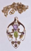 A 9CT GOLD NECKLACE. 3.6 grams. 45cm long, pendant 4 cm x 2.5 cm.